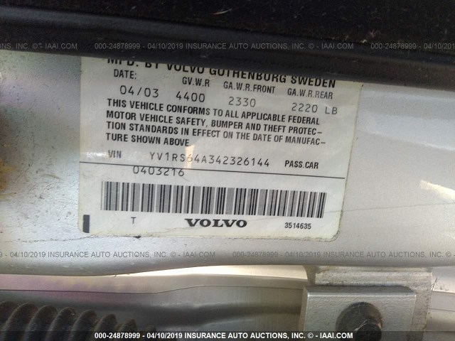 YV1RS64A342326144 - 2004 VOLVO S60 SILVER photo 9