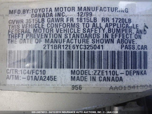 2T1BR12E6YC325041 - 2000 TOYOTA COROLLA VE/CE/LE GRAY photo 9