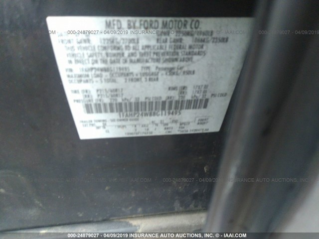 1FAHP24W88G119495 - 2008 FORD TAURUS SEL BLACK photo 9