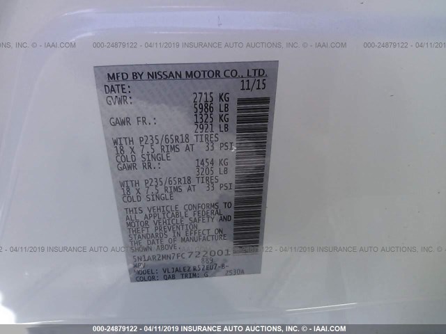 5N1AR2MN7FC722001 - 2015 NISSAN PATHFINDER S/SV/SL/PLATINUM WHITE photo 9