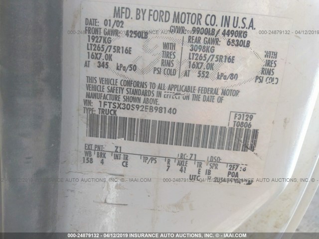 1FTSX30S92EB98140 - 2002 FORD F350 SRW SUPER DUTY WHITE photo 9