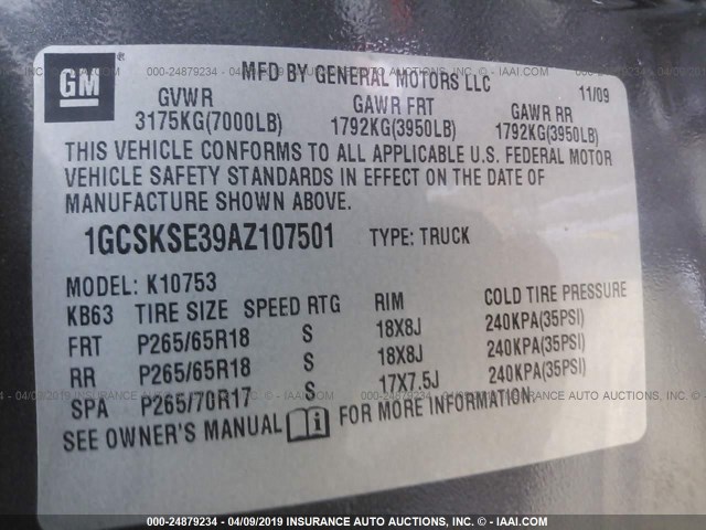 1GCSKSE39AZ107501 - 2010 CHEVROLET SILVERADO K1500 LT GRAY photo 9