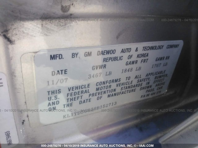 KL1TD56638B152713 - 2008 CHEVROLET AVEO LS SILVER photo 9