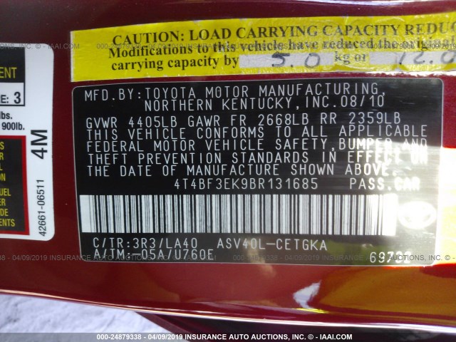 4T4BF3EK9BR131685 - 2011 TOYOTA CAMRY SE/LE/XLE RED photo 9