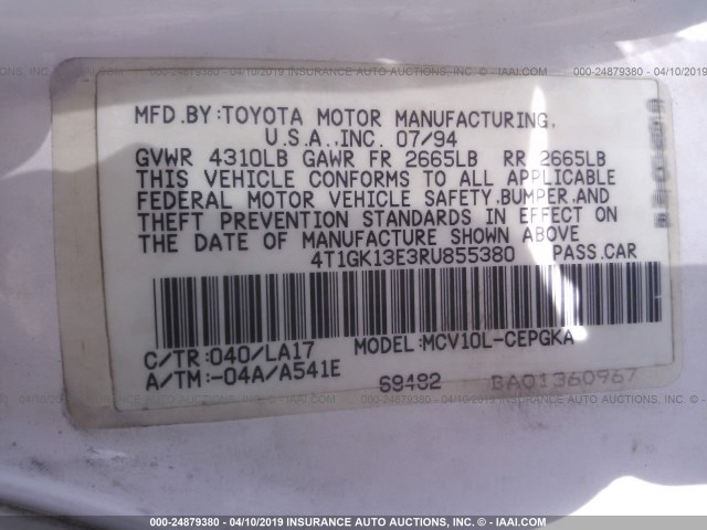 4T1GK13E3RU855380 - 1994 TOYOTA CAMRY XLE WHITE photo 9