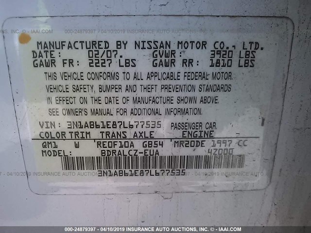 3N1AB61E87L677535 - 2007 NISSAN SENTRA 2.0/2.0S/2.0SL WHITE photo 9