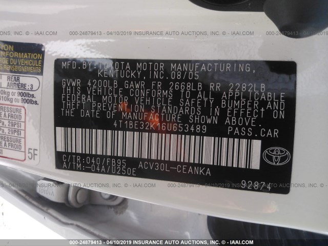 4T1BE32K16U653489 - 2006 TOYOTA CAMRY LE/XLE/SE WHITE photo 9