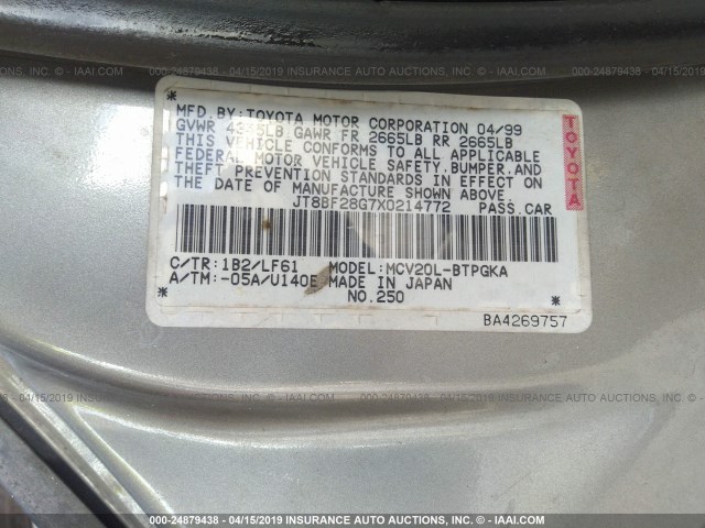 JT8BF28G7X0214772 - 1999 LEXUS ES 300 GRAY photo 9