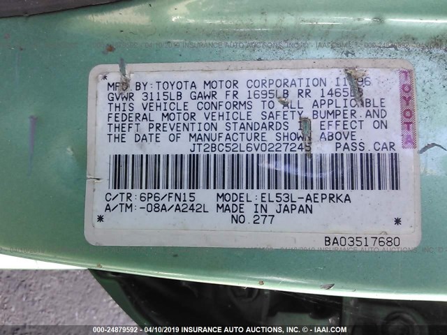 JT2BC52L6V0227245 - 1997 TOYOTA TERCEL CE GREEN photo 9