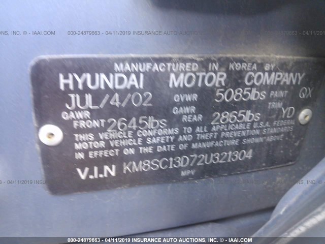 KM8SC13D72U321304 - 2002 HYUNDAI SANTA FE GLS/LX BLUE photo 9