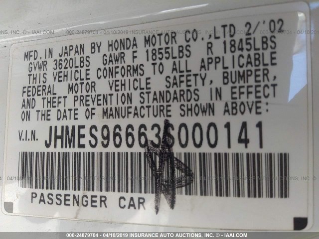 JHMES96663S000141 - 2003 HONDA CIVIC HYBRID WHITE photo 9