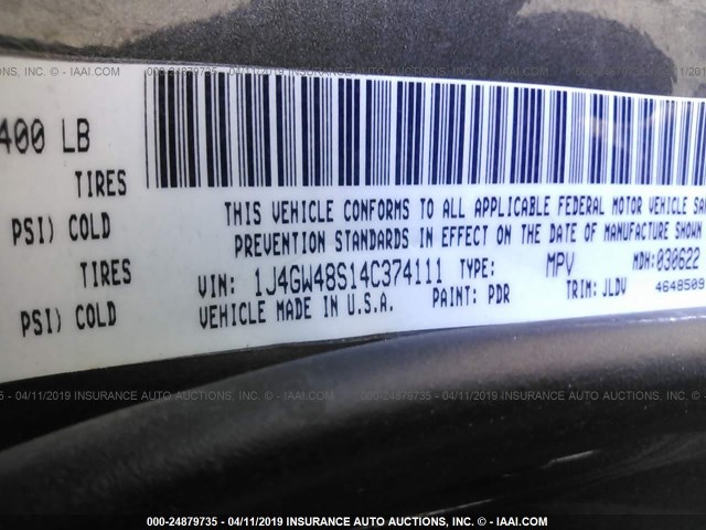 1J4GW48S14C374111 - 2004 JEEP GRAND CHEROKEE LAREDO/COLUMBIA/FREEDOM 灰色 照片 9