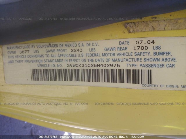 3VWCK31C25M402976 - 2005 VOLKSWAGEN NEW BEETLE GLS YELLOW photo 9