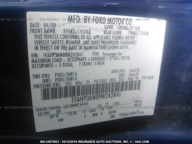 1FAHP36N09W242841 - 2009 FORD FOCUS SES BLUE photo 9