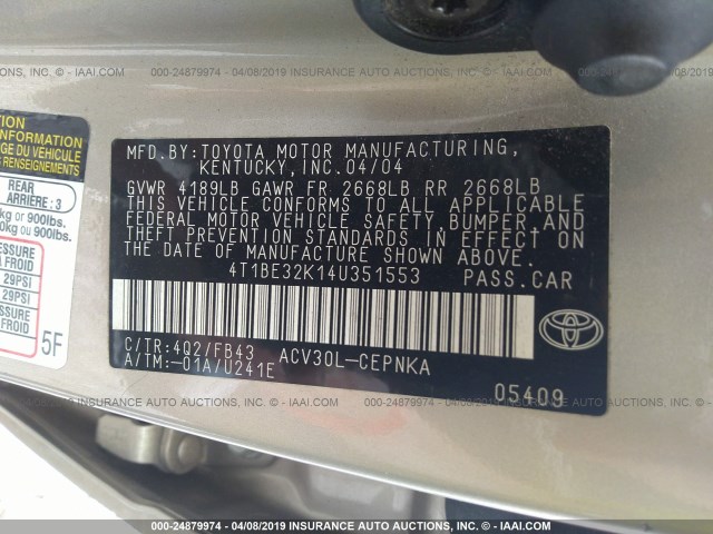 4T1BE32K14U351553 - 2004 TOYOTA CAMRY LE/XLE/SE GOLD photo 9