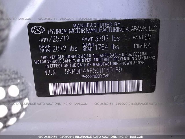 5NPDH4AE5CH140189 - 2012 HYUNDAI ELANTRA GLS/LIMITED SILVER photo 9