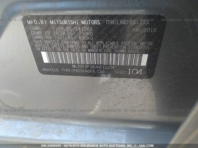 ML32F3FJ9JHF15726 - 2018 MITSUBISHI MIRAGE G4 ES Boz foto 9