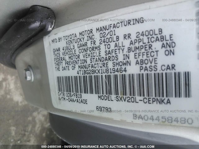 4T1BG28KX1U819464 - 2001 TOYOTA CAMRY CE/LE/XLE SILVER photo 9