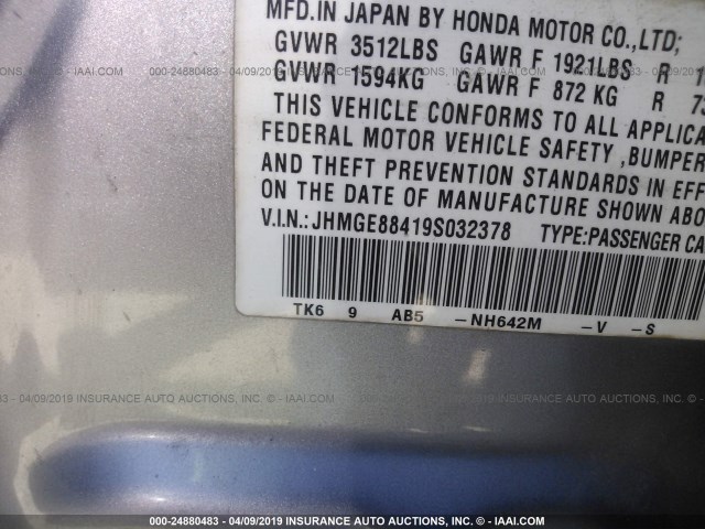 JHMGE88419S032378 - 2009 HONDA FIT SPORT SILVER photo 9