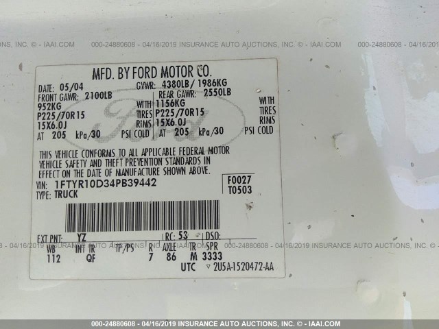 1FTYR10D34PB39442 - 2004 FORD RANGER WHITE photo 9