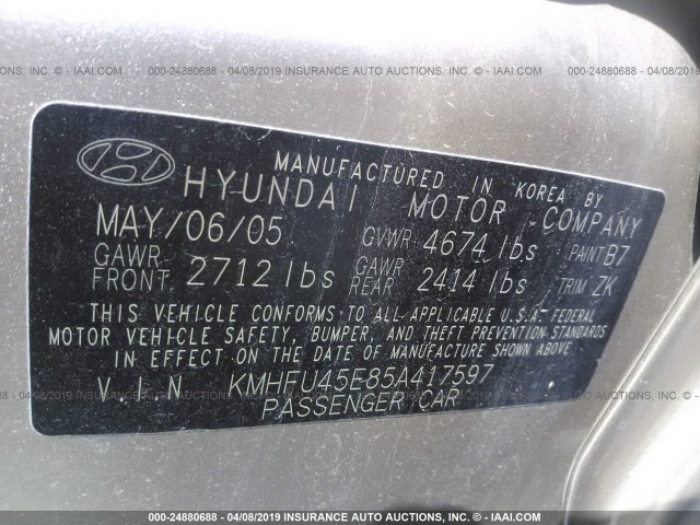 KMHFU45E85A417597 - 2005 HYUNDAI XG 350 TAN photo 9