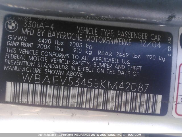 WBAEV53455KM42087 - 2005 BMW 330 I SILVER photo 9