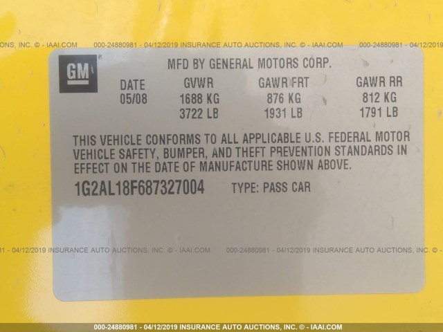 1G2AL18F687327004 - 2008 PONTIAC G5 YELLOW photo 9