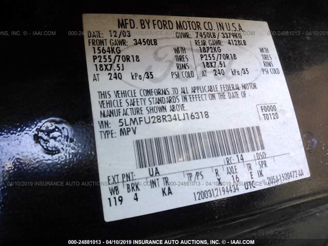 5LMFU28R34LJ16318 - 2004 LINCOLN NAVIGATOR 黑色 照片 9