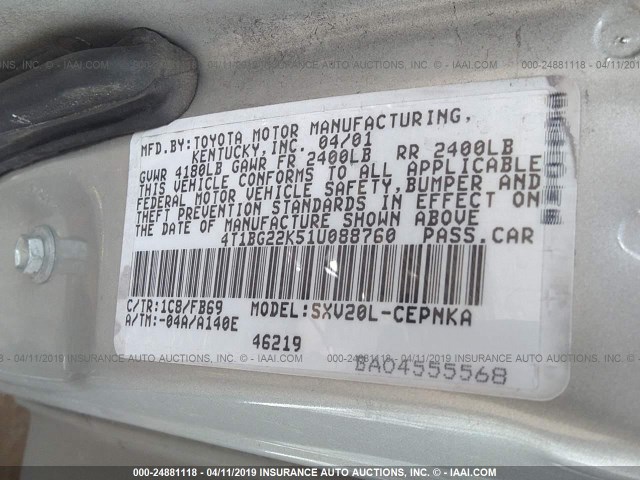 4T1BG22K51U088760 - 2001 TOYOTA CAMRY CE/LE/XLE SILVER photo 9