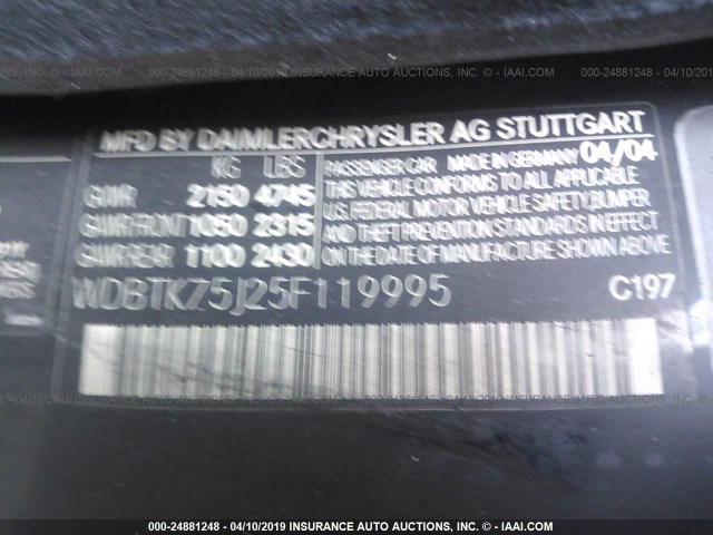 WDBTK75J25F119995 - 2005 MERCEDES-BENZ CLK 500 BLACK photo 9