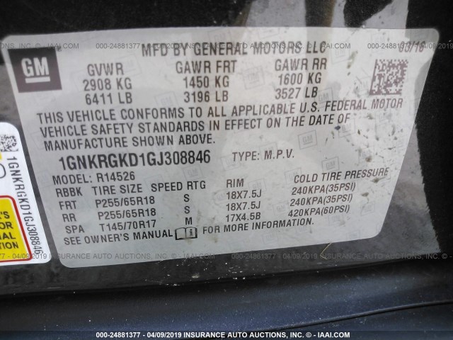 1GNKRGKD1GJ308846 - 2016 CHEVROLET TRAVERSE LT GRAY photo 9