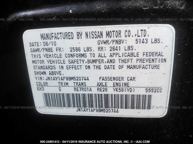 JN1AY1AP9BM520744 - 2011 INFINITI M56 BLACK photo 9