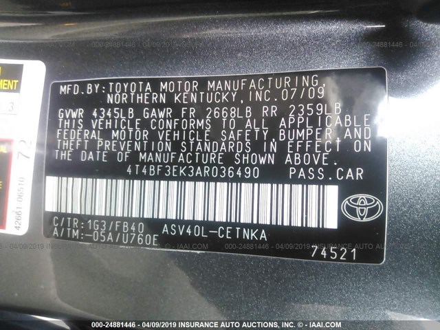 4T4BF3EK3AR036490 - 2010 TOYOTA CAMRY SE/LE/XLE GRAY photo 9