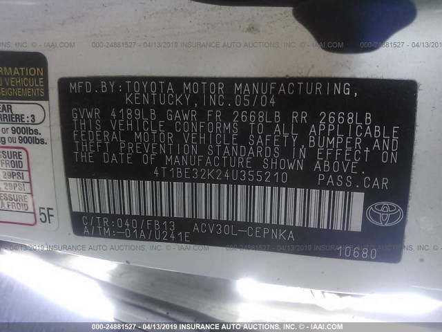 4T1BE32K24U355210 - 2004 TOYOTA CAMRY LE/XLE/SE WHITE photo 9