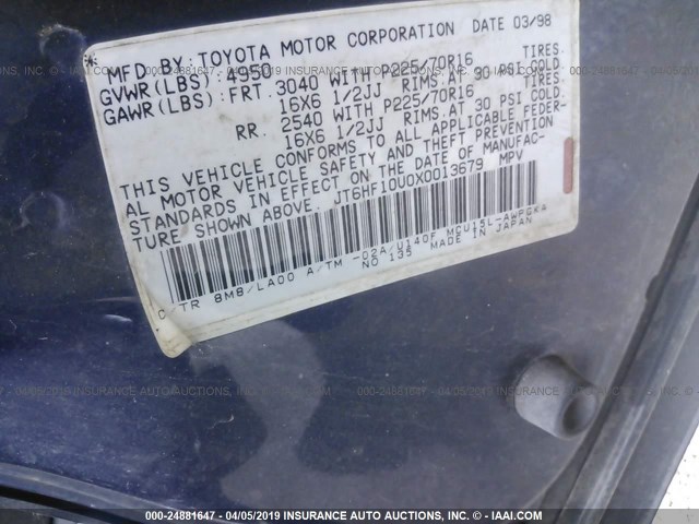 JT6HF10U0X0013679 - 1999 LEXUS RX 300 BLUE photo 9