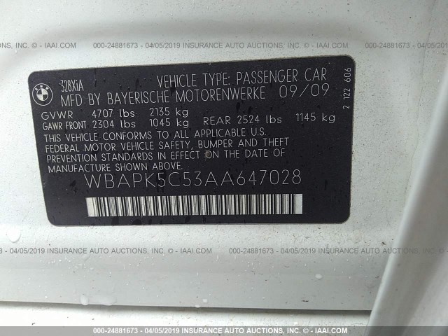 WBAPK5C53AA647028 - 2010 BMW 328 XI SULEV WHITE photo 9