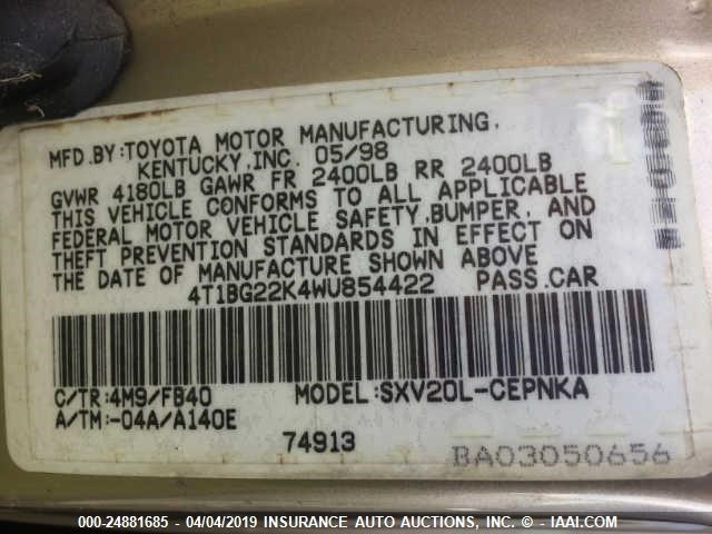 4T1BG22K4WU854422 - 1998 TOYOTA CAMRY CE/LE/XLE 金色 照片 9