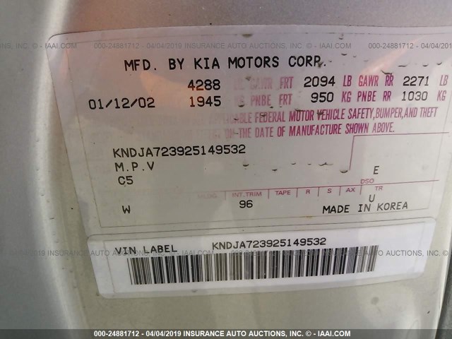 KNDJA723925149532 - 2002 KIA SPORTAGE SILVER photo 9