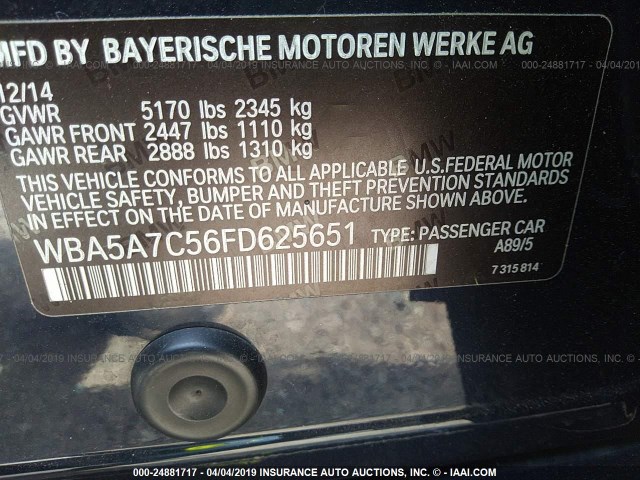 WBA5A7C56FD625651 - 2015 BMW 528 XI BLACK photo 9