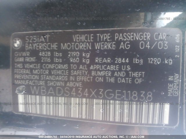 WBADS434X3GE11838 - 2003 BMW 525 IT AUTOMATIC GREEN photo 9