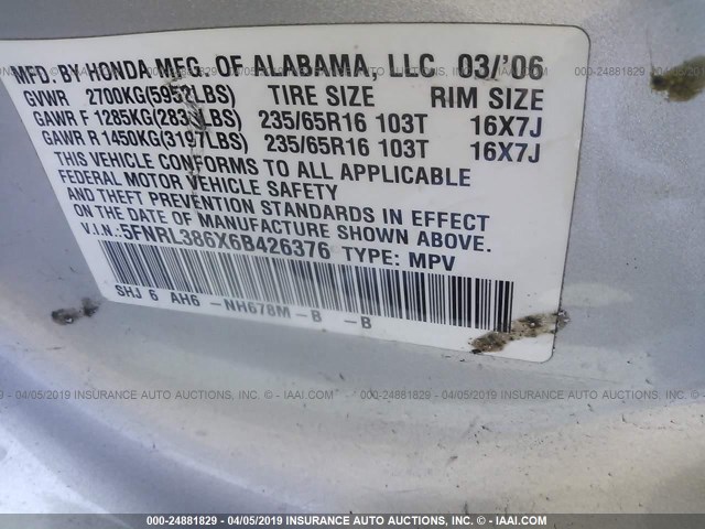 5FNRL386X6B426376 - 2006 HONDA ODYSSEY EXL SILVER photo 9