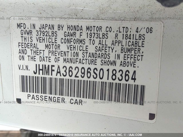 JHMFA36296S018364 - 2006 HONDA CIVIC HYBRID WHITE photo 9