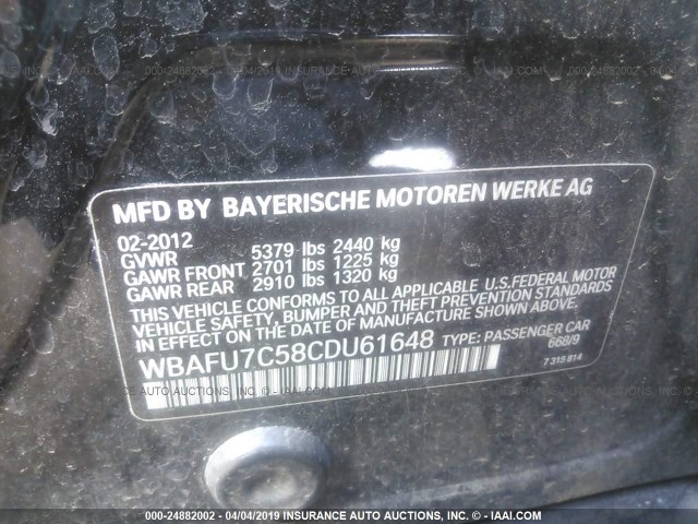 WBAFU7C58CDU61648 - 2012 BMW 535 XI BLACK photo 9