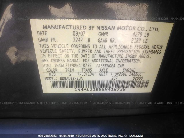 1N4AL21E98N418739 - 2008 NISSAN ALTIMA 2.5/2.5S GRAY photo 9