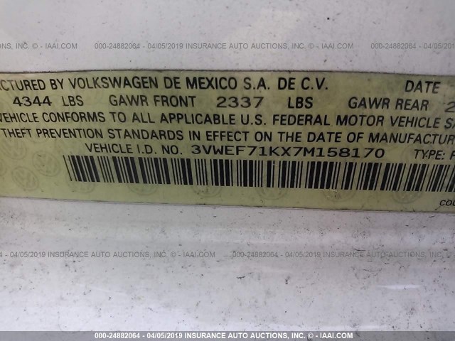 3VWEF71KX7M158170 - 2007 VOLKSWAGEN JETTA WOLFSBURG WHITE photo 9