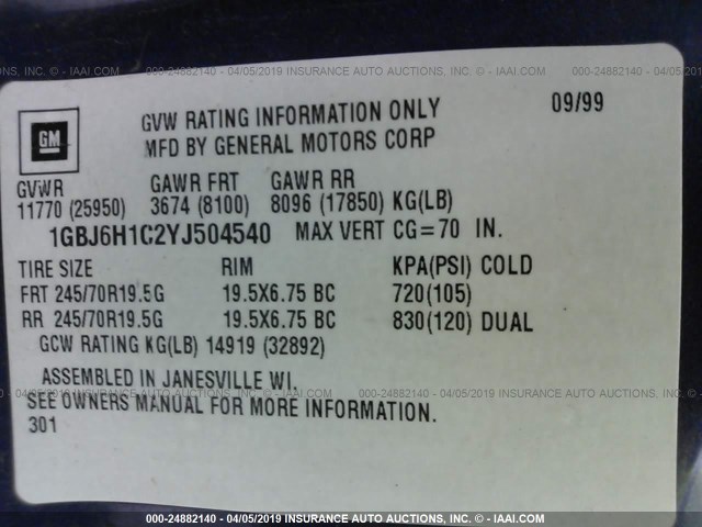 1GBJ6H1C2YJ504540 - 2000 CHEVROLET C-SERIES C6H042 Unknown photo 9