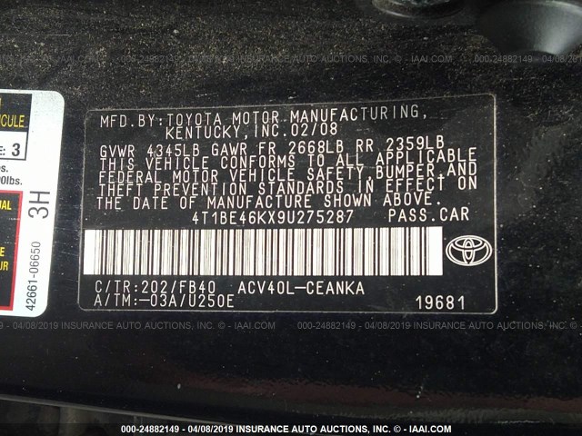 4T1BE46KX9U275287 - 2009 TOYOTA CAMRY SE/LE/XLE BLACK photo 9