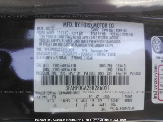 3FAHP0GA2BR286021 - 2011 FORD FUSION S RED photo 9