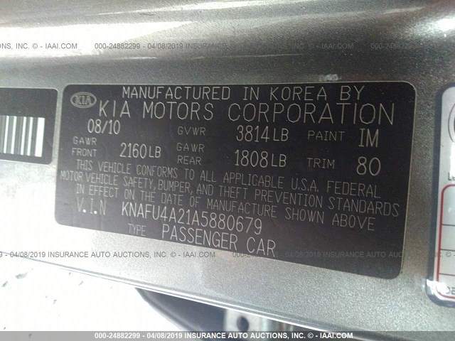 KNAFU4A21A5880679 - 2010 KIA FORTE EX GRAY photo 9