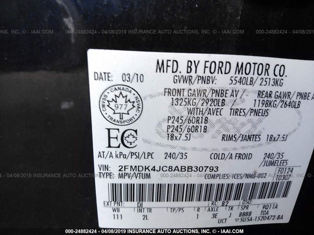 2FMDK4JC8ABB30793 - 2010 FORD EDGE SEL Dark Blue photo 9